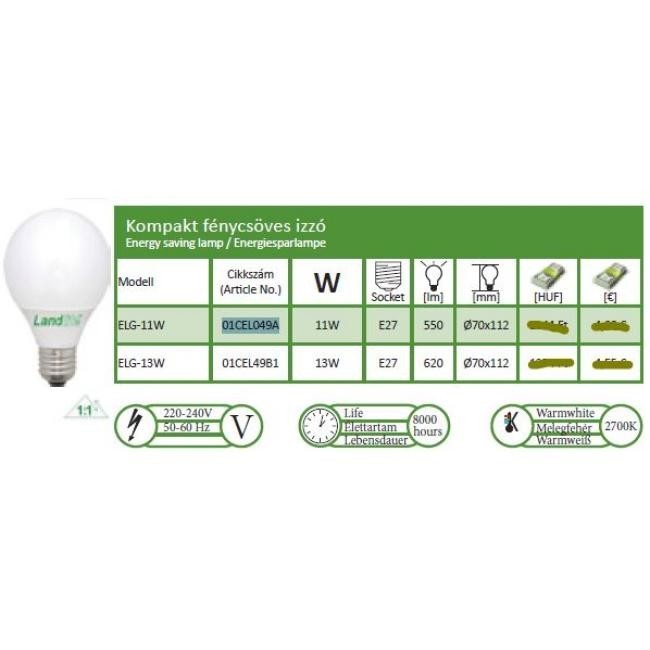 LANDLITE ELG-11W energiatakarékos kompakt fénycső – E27, 11 W, 550 lm, 2700 K