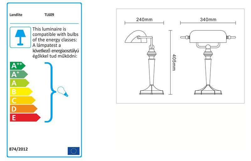 LANDLITE TL609 bankárlámpa – E27, max. 60 W, borostyán színű üvegbura