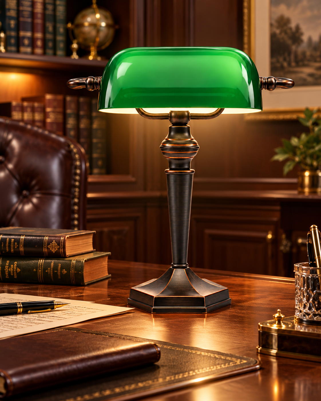 LANDLITE TL609 banker's lamp – E27, max. 60 W, green glass shade