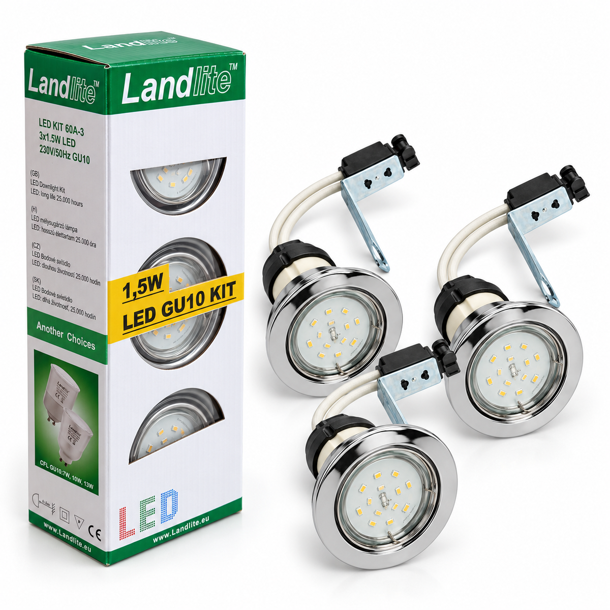 KIT-60A beépíthető spot szett, 3 db – 3×1,5 W GU10 LED, melegfehér, króm