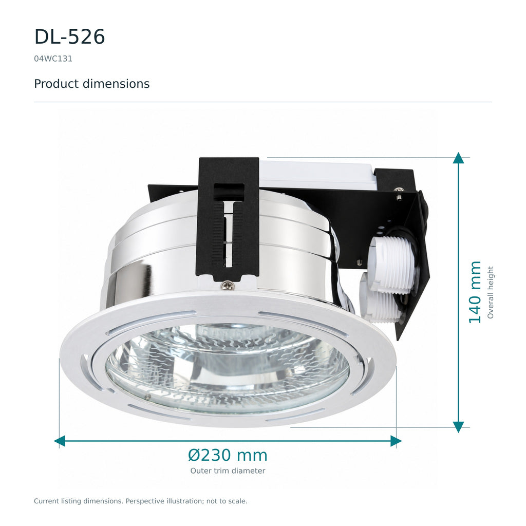 DL-518 / DL-526 beépíthető mélysugárzó – méretrajz (Ø230 × 140 mm)