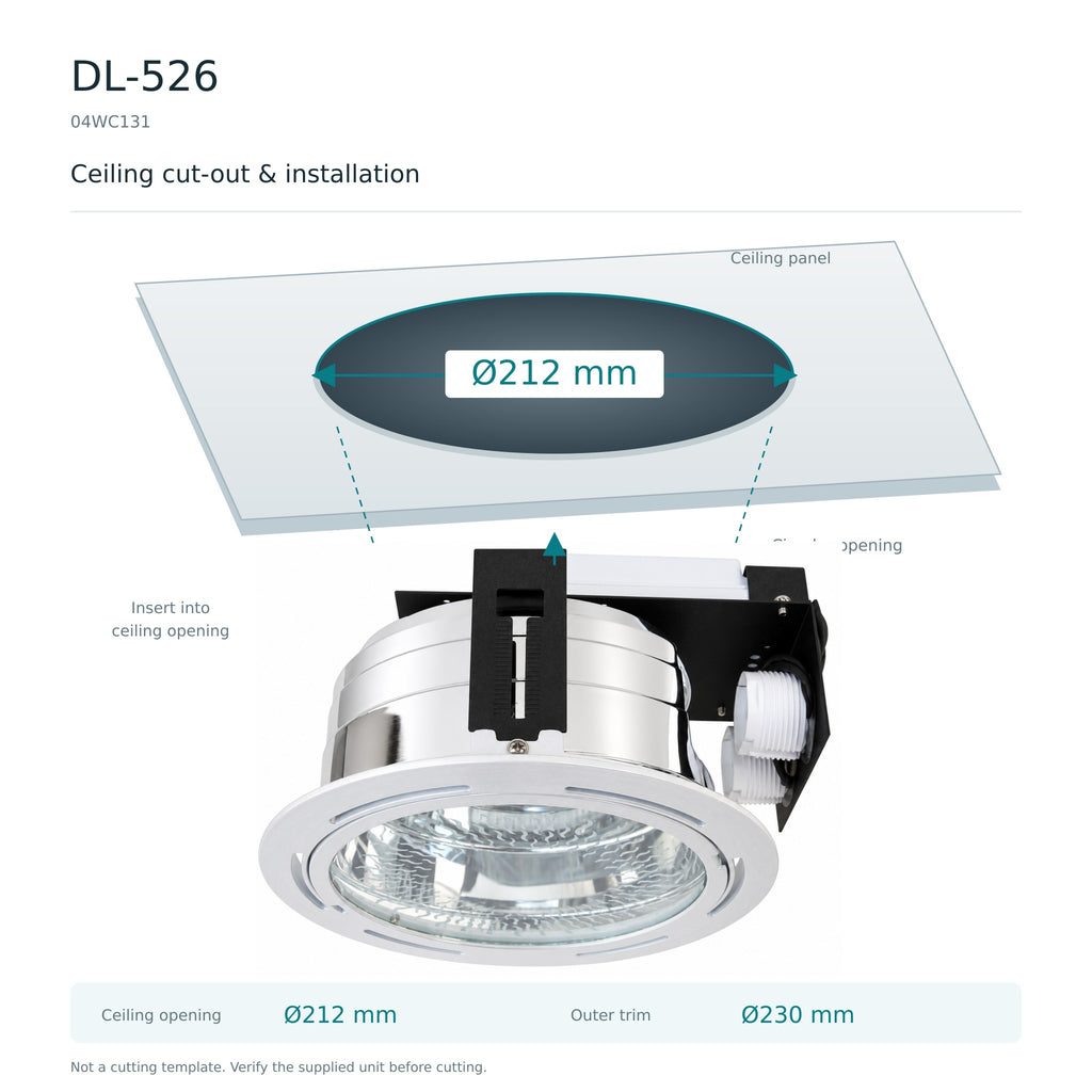 DL-518 / DL-526 beépíthető mélysugárzó – beépítési kivágás (Ø212 mm)