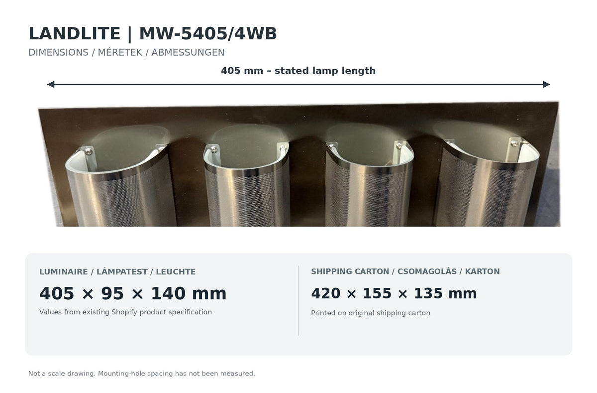 MW-5405/4WB lámpatest méretek 405 × 95 × 140 mm, külön jelölt kartonméret 420 × 155 × 135 mm