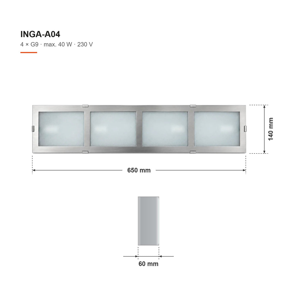 INGA-A04 méretrajz: 650 × 140 × 60 mm