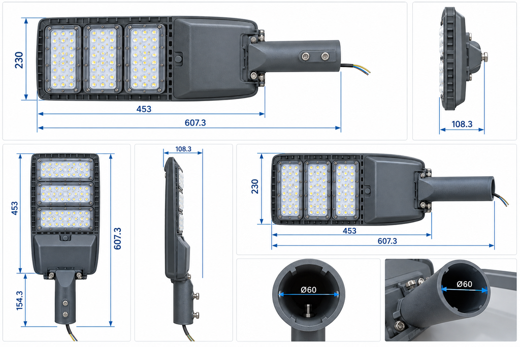 Landlite 12OT840 méretrajz – 607,3 × 230 × 108,3 mm, Ø60 mm csonk