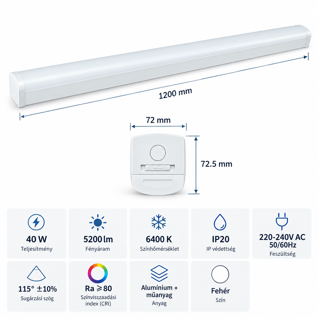 SAT10N-12-40-130 CW LED léclámpa – 40 W, 5200 lm, 1200 mm, 6400 K, IP20