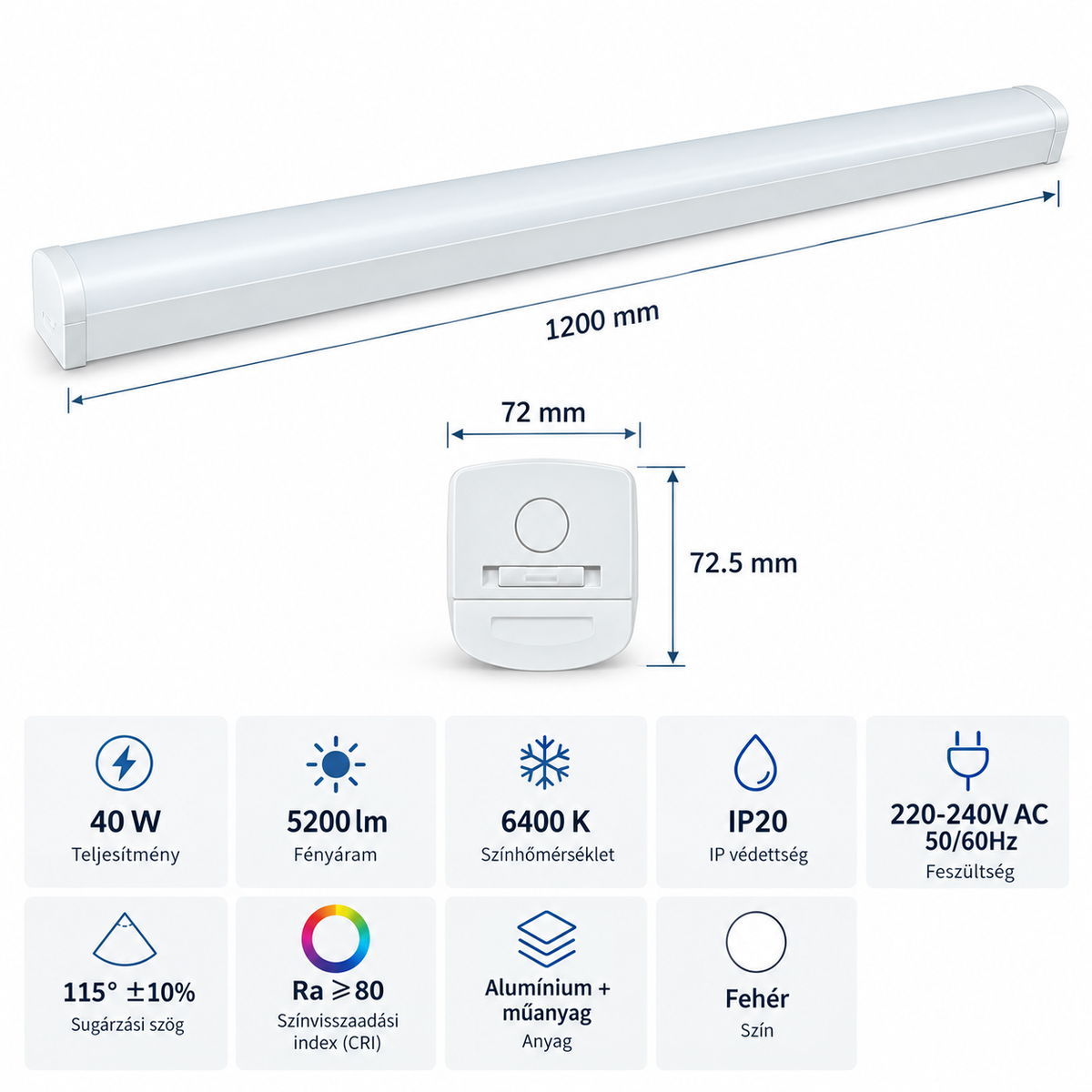 SAT10N-12-40-130 CW LED léclámpa – 40 W, 5200 lm, 1200 mm, 6400 K, IP20