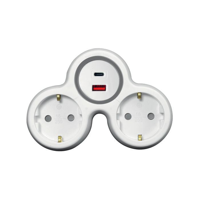 ANCO 2-es földelt elosztó dugalj USB-A és USB-C töltővel, max. 20 W, 16 A, fehér/szürke