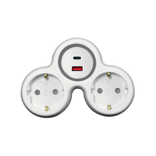 ANCO 2-es földelt elosztó dugalj USB-A és USB-C töltővel, max. 20 W, 16 A, fehér/szürke
