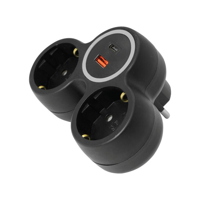 ANCO 2-es földelt elosztó dugalj USB-A és USB-C töltővel, max. 20 W, 16 A, fekete