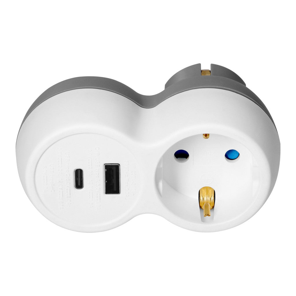 ANCO földelt elosztó adapter 2 USB (A+C) csatlakozóval, 16 A, 3680 W, IP20, fehér/szürke