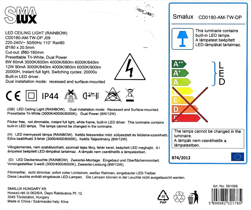 SMALUX CD0180-AM-TW-DP LED mennyezeti lámpa – 12 W, 840–960 lm, 3000–6000 K, IP44