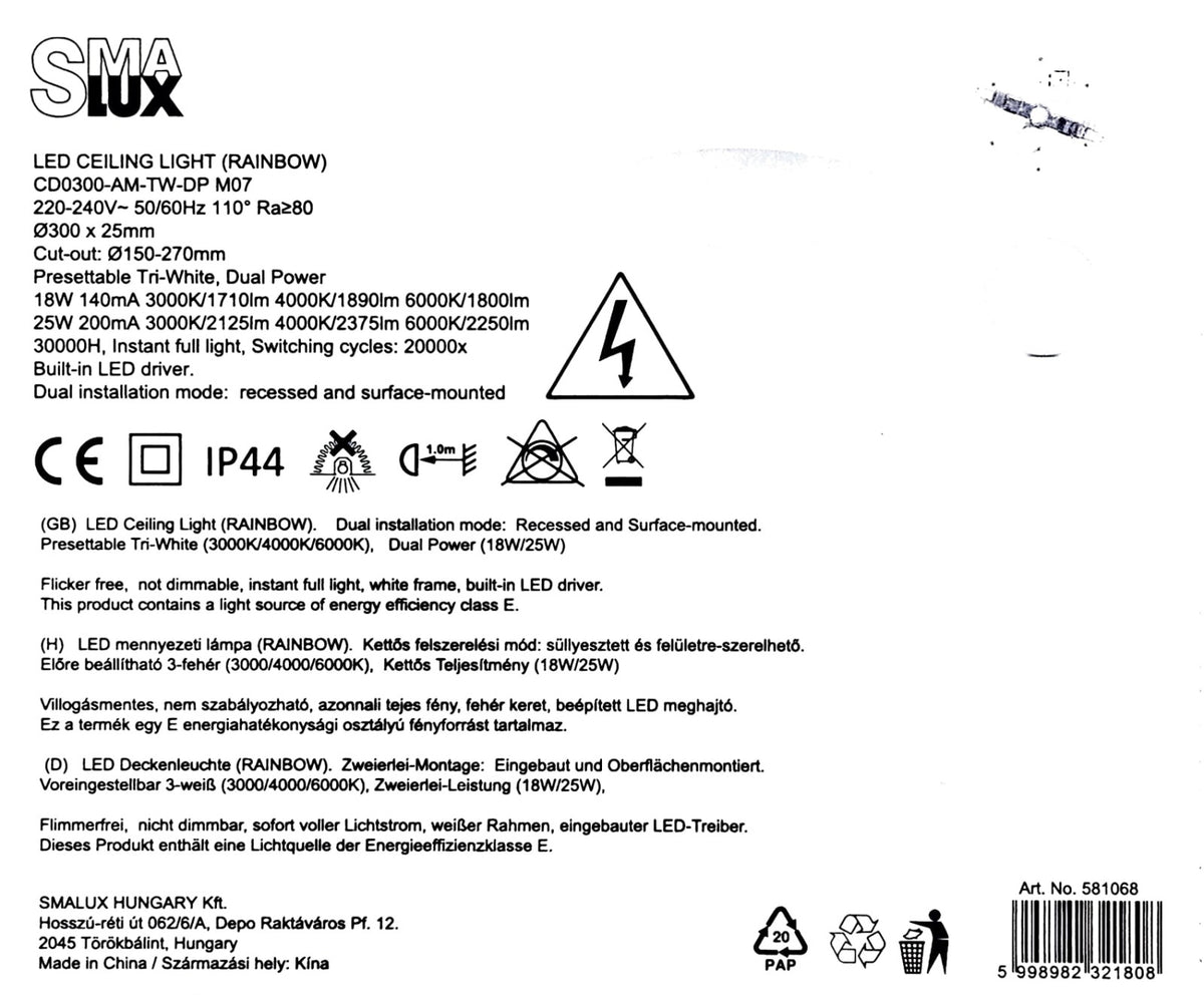 SMALUX CD0300-AM-TW-DP LED mennyezeti lámpa – 25 W, 2125–2375 lm, WW/NW/CW