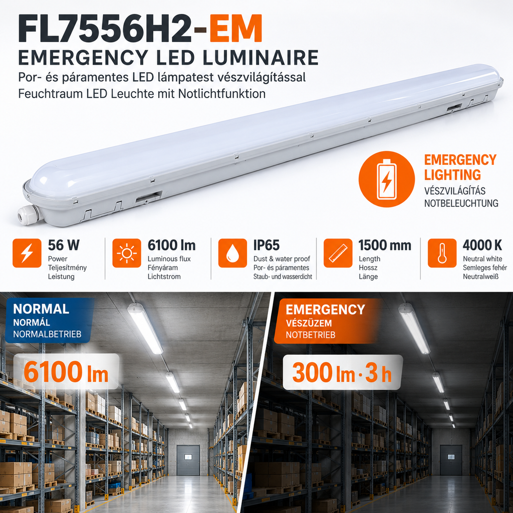 FL7556H2 (EM) LED dust- and moisture-proof luminaire with emergency function – 56 W, 6100 lm, 1500 mm, 4000 K, IP65