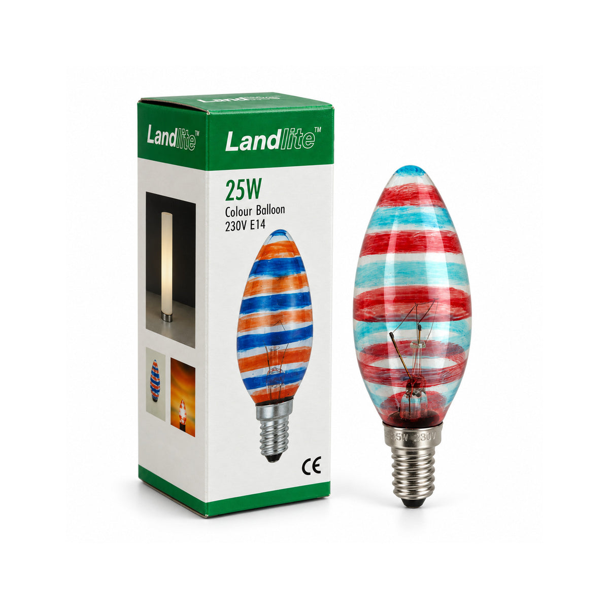 LANDLITE színes dekor izzó VENICE, E14, 25 W, gyertya, piros–kék csíkos