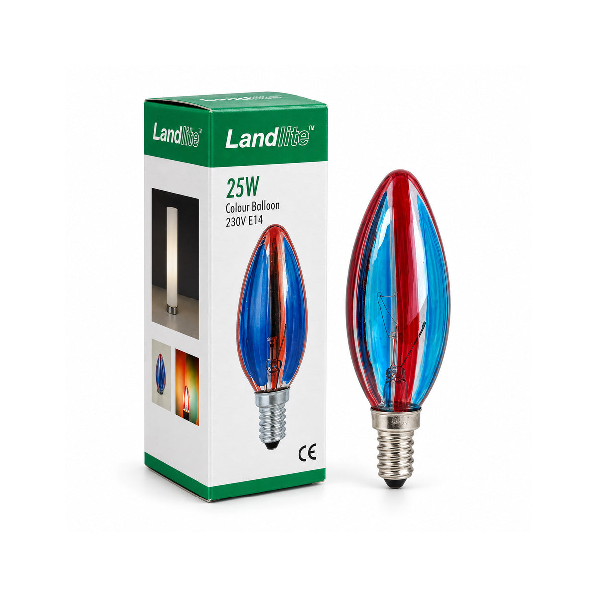 LANDLITE színes dekor izzó SERENGETI, E14, 25 W, gyertya, kék–piros csíkos – 2. kép
