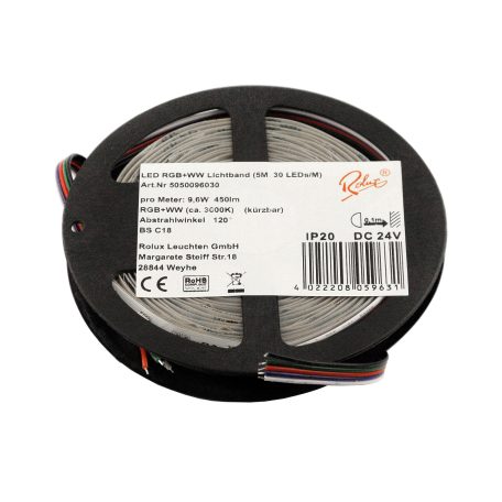 LANDLITE Rolux LED szalag, 9,6W/m, 450lm/m, RGB + 3000K, 30LED/m, 24V, IP20 (5m)